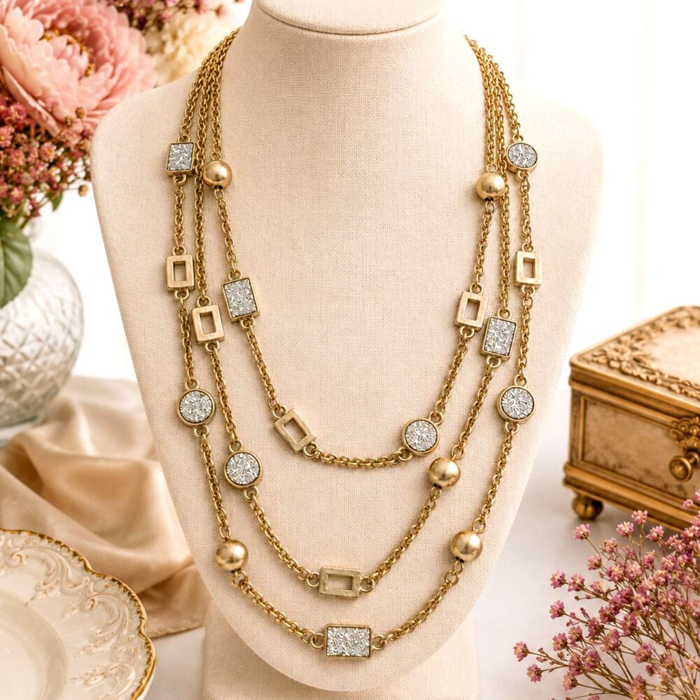Gold Tone Silver Glitter Station Multi Strand Statement Necklace 16"